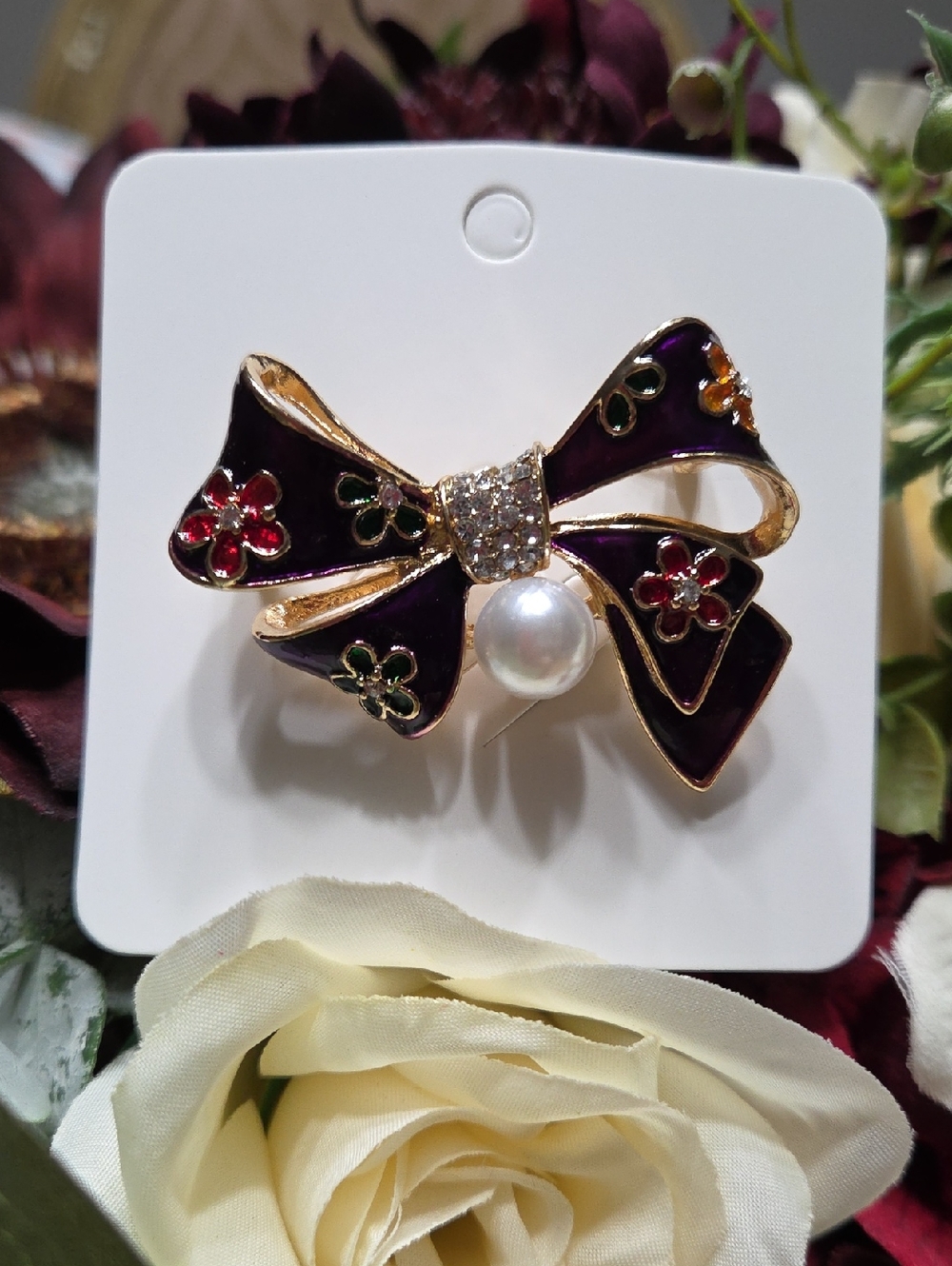 Elegant Purple Bow Pearl Brooch by